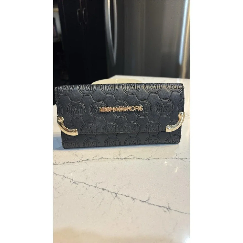 Michael Kors Black Monogram Embossed Flap Continental Wallet Gold